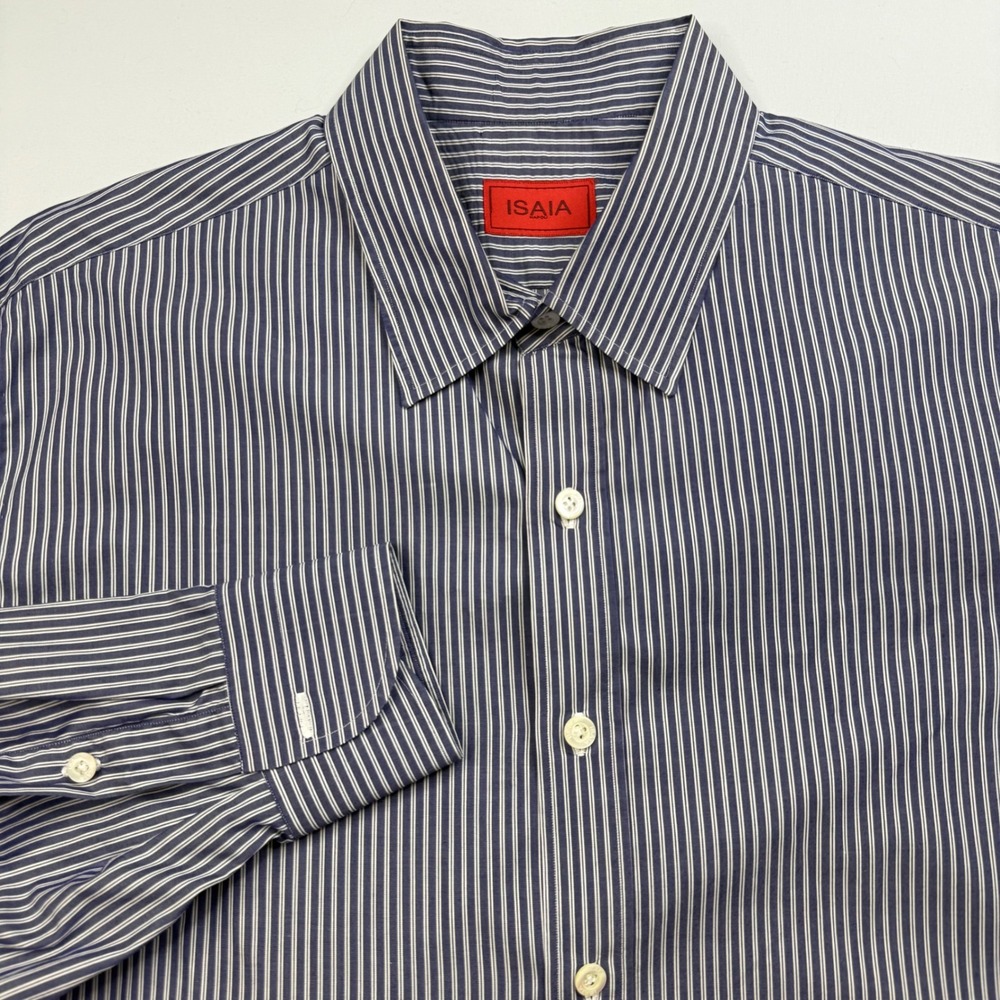 Isaia Napoli Mens Blue White Striped Dress Shirt Made in Italy Size 17.5 (EU 44)
